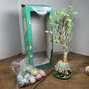 Vintage Fiber optic Easter Tree 18" Bunny Rabbits Easter Egg Tree W Ornaments